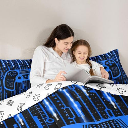 Feelyou Blue Gamer Comforter Toddler Size for Boys Girls, Boys Gamer Comforter Set Game Bedding Set Gaming Duvet Set Kids Gamer Microfiber Bed Set