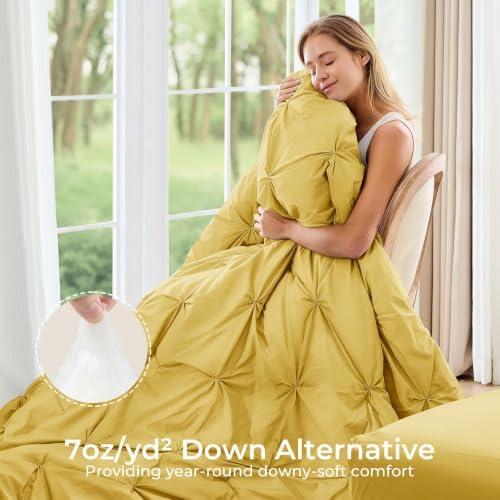 Sasttie King Size Comforter Set, 7-Piece Bed in a Bag, Pintuck Bedding Set for All Season, Includes Comforter, Flat Sheet, Fitted Sheet, Pillowcases and Pillowshams, Mustard Yellow