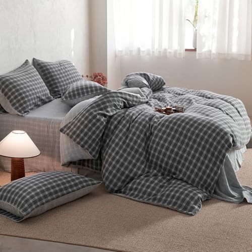 Vintage Grey Plaid Duvet Cover Queen 100% Cotton Muslin Plaid Checkered Comforter Cover with 2 Pillowcases Breathable Soft Gauze Linen Like Gingham Duvet Cover Grid Farmhouse Checkered Bedding Set