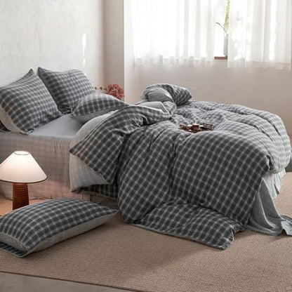 100% Cotton Muslin Duvet Cover Set King Vintage Grey Plaid Duvet Cover with 2 Pillowcases Linen Like Breathable Gauze Comforter Cover with Grid Pattern Farmhouse Checkered Gingham Bedding Set King