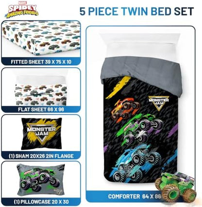 Monster Jam Trucks Twin Comforter Set 5 Piece Kids Bedding for Boys, Black