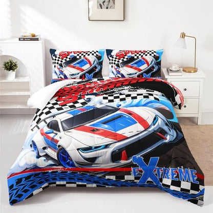 Nttopship Racing Car Comforter Set Queen Size,100% Soft Ultra-fine Fiber Four Season Speed Theme Bedding Set with 1 Comforter and 2 Pillow Case