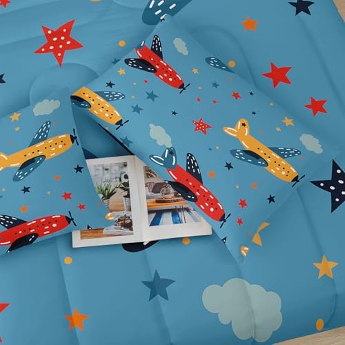 Kids Aeroplane Comforte Set Twin，Blue Airplane Bedding for Boys，Cute Star Quilt Pattern，Cute Bedroom Decor for Kids，1 Comforter 2 Pillow Cases