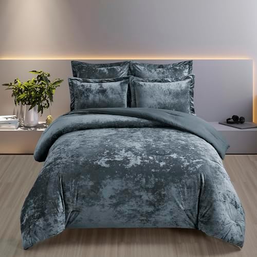 Fredsure Distressed Velvet Comforter Set, 5 Pieces Smoke Blue Queen, Distressed Velvet Face and Brushed Microfiber Reverse