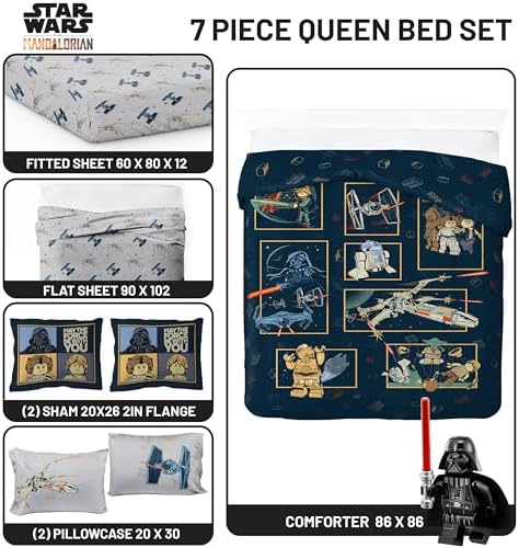 Jay Franco Kids Comforter Set Includes Sheets and Pillow Covers - Soft and Cozy Bed Set for Stylish Room Decor, Official Licensed Bedding, Blue - LEGO®, 7 Piece Queen