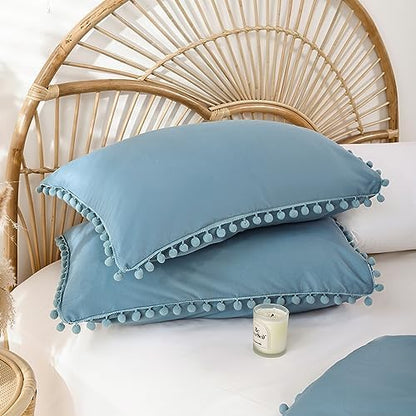 YIRDDEO Twin Comforter Set, Dusty Blue Ball Pom Fringe Bedding Set 2 Pieces