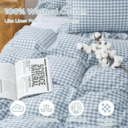 ATsense Blue Gingham Ruffle Duvet Cover Set Cotton Like Linen, Full