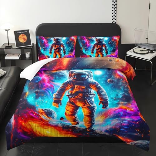 Astronaut Comforter Twin Size,Astronaut Kids Comforter Set,3Pcs Bedding Set Printed Comforter with 2 Pillowcases,Down Alternative,Soft and Lightweight,for All Seasons