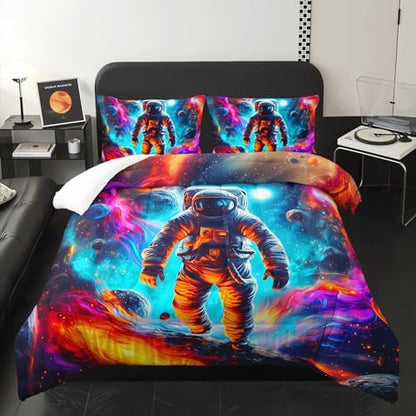 Astronaut Comforter Twin Size,Astronaut Kids Comforter Set,3Pcs Bedding Set Printed Comforter with 2 Pillowcases,Down Alternative,Soft and Lightweight,for All Seasons