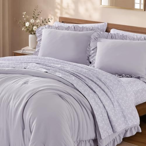 BLOOMHAVEN Full Size Comforter Sets-7 Pieces Ruffle Bedding Floral Sheet