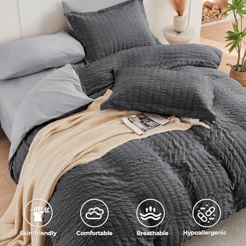 HYMOKEGE Dark Grey/Light Grey Full Size Comforter Sets Seersucker 7 Pieces, All Season Luxury Bed in a Bag for Bedroom, Bedding Set with Comforter, Sheets, Pillowcases & Shams