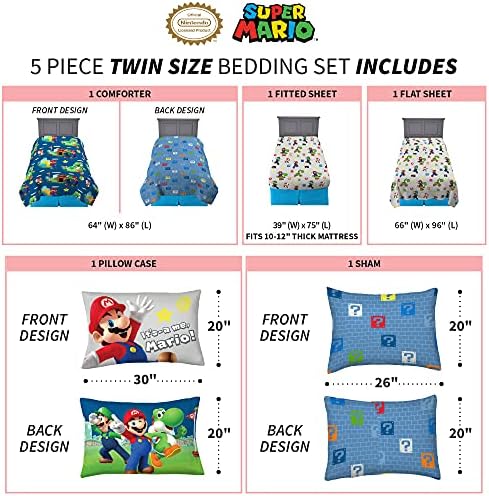 Super Mario Kids Bedding Set, Twin Size 5 Piece Comforter and Sheet Set with Sham, (Officially Licensed Product) by Franco