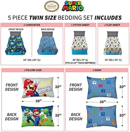 Super Mario Kids Bedding Set, Twin Size 5 Piece Comforter and Sheet Set with Sham, (Officially Licensed Product) by Franco