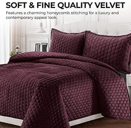 Tribeca Living Lugano Oversized Velvet Quilt Set - All Season, Extra Large, 3 Piece Queen Size Comforter Set with 2 Pillow Shams in Plum Honeycomb Pattern 260GSM