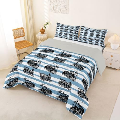 Feelyou Retro Train Comforter Set King Size Vintage Steam Locomotive Down Bedding Set for Kids Boys Girls Blue White Geometric Stripes Duvet Quilt Bedroom Decor Microfiber 3 Pcs with 2 Pillow Cases
