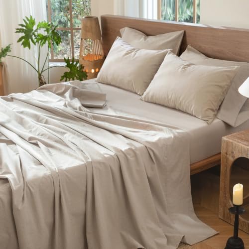 MooMee Sheet Set 100% Washed Cotton Linen-Like Extra Deep Pocket Queen
