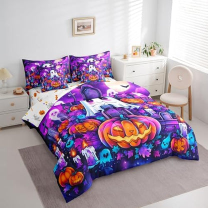 Erosebridal Cartoon Halloween Pumpkin Twin Comforter Set 7 Piece for Kids Adults Cartoon Graveyard Gothic Bed in A Bag with Sheetsghost Bedding Set Goth Bed Set Room Decor