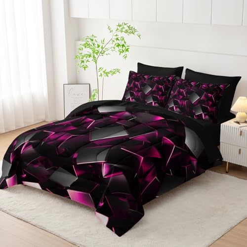 Nttopship Black and Pink Geometric Comforter Set Twin Size 7PCS,Abstract Triangular Printed Bedding Set for Adults,Geometric Mordern Art Decor All Seasons with Pillowcases,Flat, Fitted Sheet
