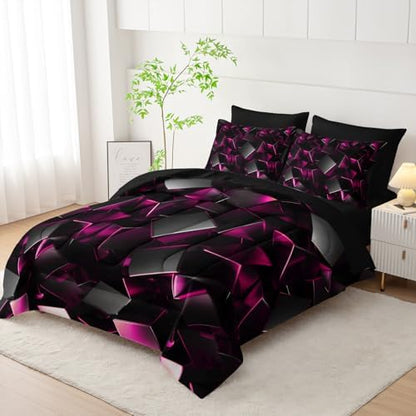 Nttopship Black and Pink Geometric Comforter Set Twin Size 7PCS,Abstract Triangular Printed Bedding Set for Adults,Geometric Mordern Art Decor All Seasons with Pillowcases,Flat, Fitted Sheet