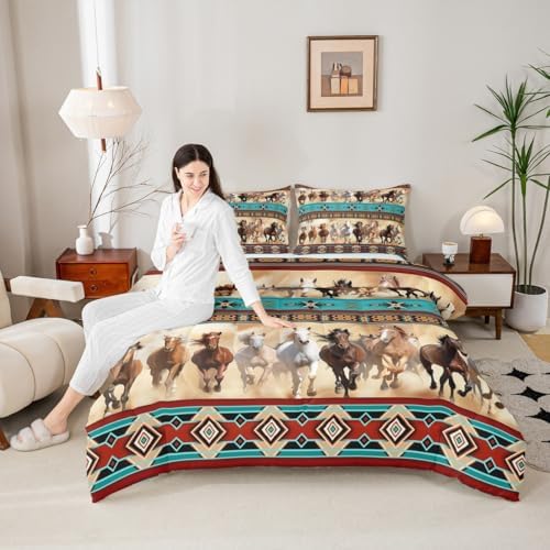 Erosebridal Aztec Horse Comforter Set for Girls, Western Farm Animal Horse Bedding Set King Size, Rustic Farmhouse Exotic Bedroom Decor, Boho Southwestern Horses Quilt Bed Set for Kids Women Men