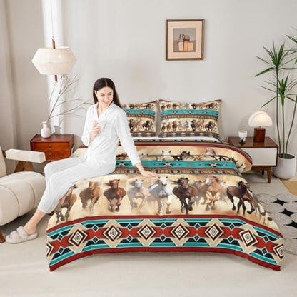 Erosebridal Aztec Horse Comforter Set for Girls, Western Farm Animal Horse Bedding Set King Size, Rustic Farmhouse Exotic Bedroom Decor, Boho Southwestern Horses Quilt Bed Set for Kids Women Men