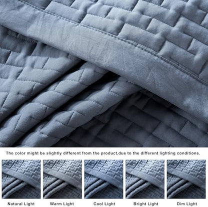WDCOZY Dusty Blue Twin Size Quilt Set, Geometric Box Lightweight Bedspread, Soft Farmhouse Rustic Coverlet, Spring Summer Thin Comforter, Country Bedding, 68x90 inches