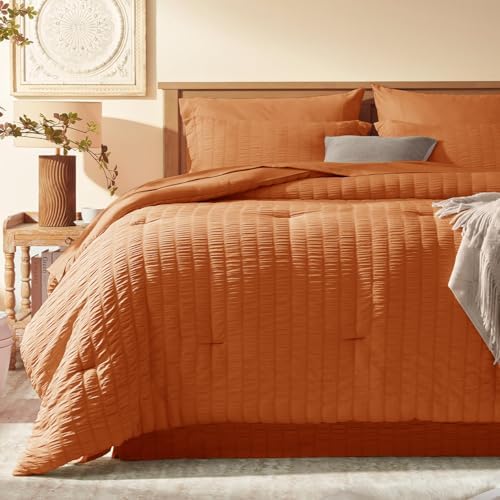 Laojin Balhen Queen Comforter Set 7 Pieces, Burnt Orange Seersucker Bed in a Bag Set Queen Size, All Season Luxury Bedding Sets with Comforter, Sheets, Pillowcase & Sham