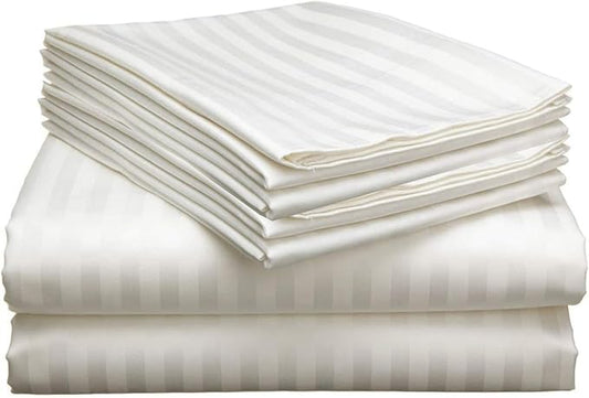 Mattress-Homes Ultra-Soft Breathable, Hotel Luxury Collection, Split King Size 7 Piece Crisp Sheet Set, 100% Egyptian Cotton, Extra Deep Pocket Upto 21", Machine Washable Sheets in Ivory Stripe