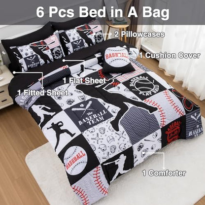 A Nice Night Sports Baseball Comforter Full Bedding Set for Boys,Black