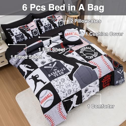 A Nice Night Sports Baseball Comforter Twin Bedding Set for Boys,Black