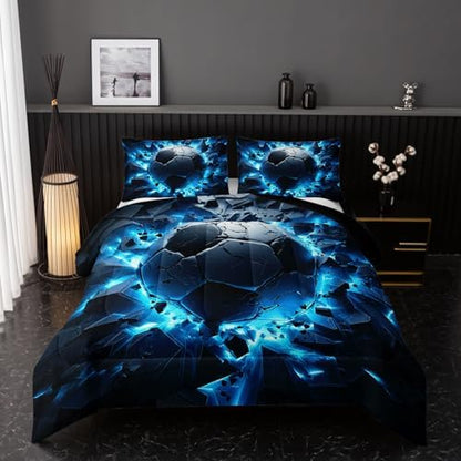 Nttopship Soccer Bedding Comforter Set Full Size for Kids Teens and Adults, Blue Black Football Printed Bedding Sets 3 PCS,Ball Sports Themed Bedroom Decor with 1 Comforter and 2 Pillowcases