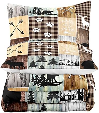 LUVIVIHOME 3PCS Farmhouse Comforter Set King, Black Bear Deer Elk Moose Woodland Forest Animals Wildlife Hunting Vintage Brown Plaid Patchwork Lodge Country Rustic Cabin Bedding Quilt, 2 Pillow Shams