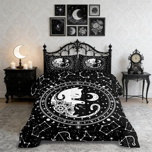 Cute Cats Comforter Set King,Gothic Star Sky Moon Constellation Bedding Set 3pcs for Kids Teens Boy Girls Room Decor,Animals Flower Plants Quilt Set Black Exotic Duvet Insert with 2 Pillowcases