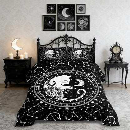Cute Cats Comforter Set Twin,Gothic Star Sky Moon Constellation Bedding Set 2pcs for Kids Teens Boy Girls Room Decor,Animals Flower Plants Quilt Set Black Exotic Duvet Insert with 1 Pillowcase