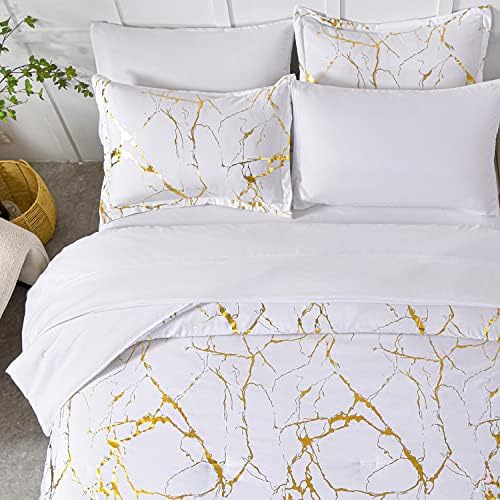 Yogeneg Gold Metallic Marble Comforter Set Queen Size,7 Piece Bed in a Bag,Foil Print Glitter White Comforter and Sheet Set,All Season Soft Microfiber Complete Bedding Sets(White,Queen)