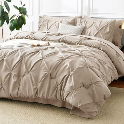 CozyLux Queen Comforter Set Wheat, 7 Pieces Pintuck Bed in a Bag