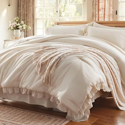 Anluoer Queen Comforter Set 7 Piece, Ruffle Bed in a Bag Queen Bedding Sets