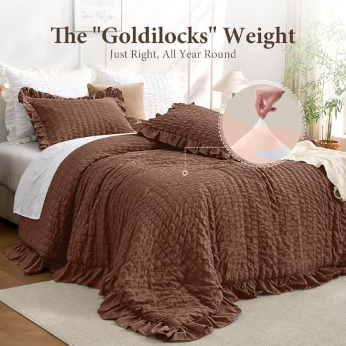 JOLLYVOGUE Dark Brown King Comforter Set,3pcs Seersucker Comforters King