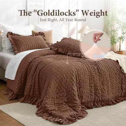JOLLYVOGUE Dark Brown King Comforter Set,3pcs Seersucker Comforters King