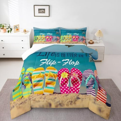 Ocean Beach Bedding Set King Size Colorful Flip Flops Comforter Set 3pcs Retro Summer Holiday Themed Quilted Duvet for Kids Teens Room Decor Women Men Romantic Hawaii Duvet Insert,2 Pillowcases