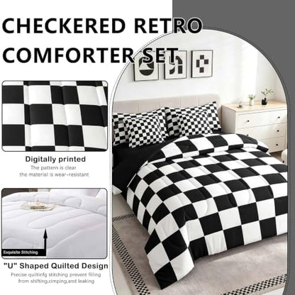 Feelyou Checkered Retro 7 Piece Bedding Set Teen Women Men Black White Plaid Comforter Set with Sheets King Size Kids Boys Geometric Vintage Bed in a Bag Modern Simple Groovy Aesthetic Room Decor