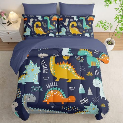 7Pcs Comforter Set Cartoon Dinosaur Printed Bedding Set with 1 Comforter, 1 Flat Sheet, 1 Fitted Sheet and 4 Pillowcases for Boys and Girls Bedroom All Season(Twin)