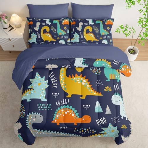 7Pcs Comforter Set Cartoon Dinosaur Printed Bedding Set with 1 Comforter, 1 Flat Sheet, 1 Fitted Sheet and 4 Pillowcases for Boys and Girls Bedroom All Season(Full)