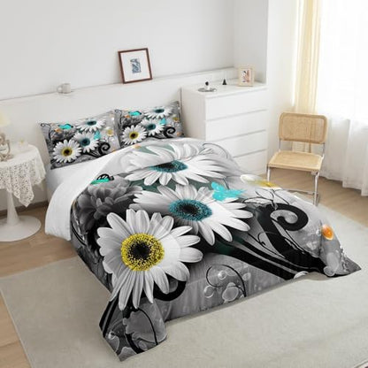 Rustic Daisy Quilt Set King,Farmhouse Floral Blue Butterfly Bedding Comforter Set for Kids Girls Teens Women King,Hippie Black Gray Marble Comforter,Pastoral Countryside Flower Quilted Duvet 3 Pcs