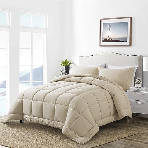 DOWNCOOL Queen Comforter Set -All Season Bedding Comforters Sets with 2 Pillow Cases-3 Pieces Bedding Sets Queen -Down Alternative Beige Queen Size Comforter Sets(88"x92")