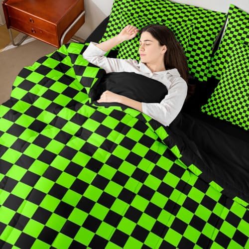 jejeloiu Bright Green Black Comforter Set with Sheets 7 Piece Queen Size