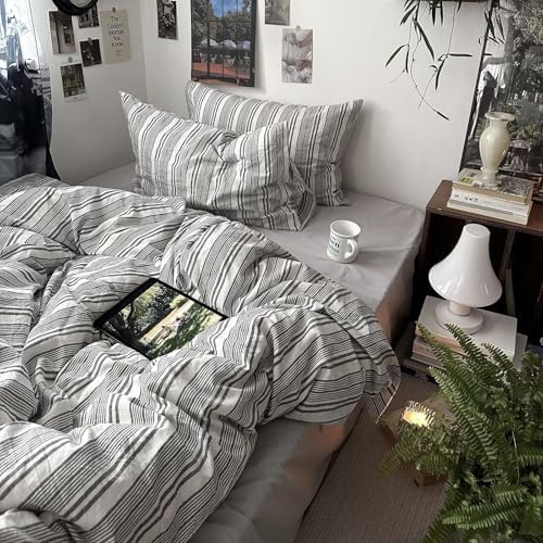 mixinni Vintage Grey & White Striped Comforter Set Twin XL Size - Soft Washed Cotton 3-Piece Neutral Bedding Set, Retro Geometric Pattern, All-Season Breathable & Fluffy for Men, Boys