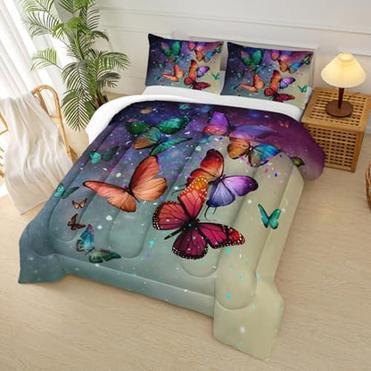 Colorful Butterfly Bed Comforter Set,Rainbow Butterfly Comforter Set Twin for Boys Girls,Dreamy Butterfly Galaxy Gradient Print Bedding Set,Soft Microfiber Quilt Set with 2 Pillowcase