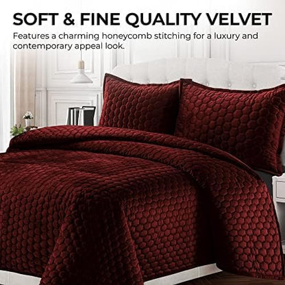 Tribeca Living Lugano Oversized Velvet Quilt Set - All Season, Extra Large, 2 Piece Twin Size Comforter Set with 1 Pillow Sham in Burgundy Honeycomb Pattern 260GSM