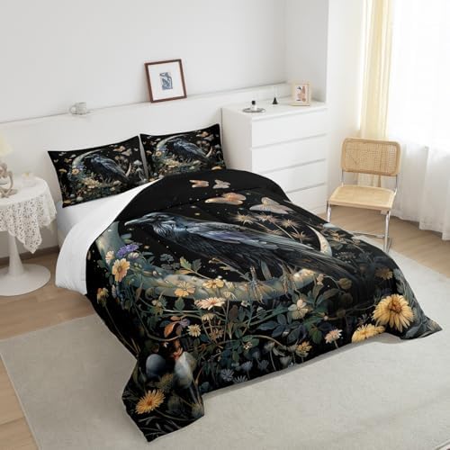 Black Crow Comforter Set Full Size,Moon Daisy Flower and Butterfly Bedding Set,Kids Girls Boys Teens Room Decor,Halloween Theme Animals Plants Quilt Set Boho Trippy Duvet Insert,2 Pillowcases